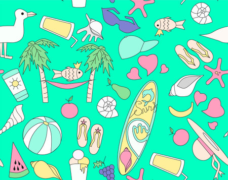The sea pattern, vector illustration of the beach, objects on resort rest, is a lot of tourist...