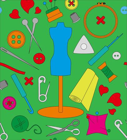 Pattern needlework, seamless structure, a graphic sample, objects for an embroidery, a vector illustration, fabric with a pattern, a sewing set, a dummy for clothes, design in amateur style, threads and buttons, spokes and a hook, objects for sewingのイラスト素材