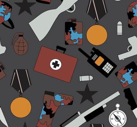 military objects, army pattern, cold weapon, rifle and the gun, the medical first-aid kit, service cartridge, compass with an arrow, an army boot, a handheld transceiver with the antenna, the dangerous grenade,のイラスト素材
