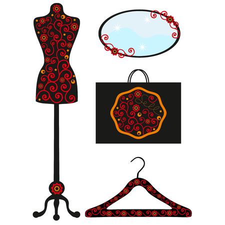 Dummy in flowers, a hanger with drawing, a vector illustration, a pattern from red curls, a gift package, an oval mirror, store stock, objects for wardrobe, decorated with a pattern from flowersのイラスト素材
