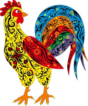 The rooster a symbol, chicken color, a pet, an animal with a pattern, a long tail, is beautifully decorated, the decorated, is a lot of decor elements, the vector illustration of a bird, costs sideways, a sharp beak, an evil eye, cock legs,のイラスト素材