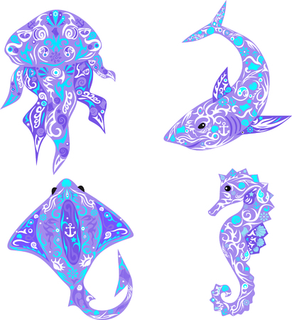 Sea animals, sea animals, animals and animals of depths, oceanic beast, decor elementのイラスト素材