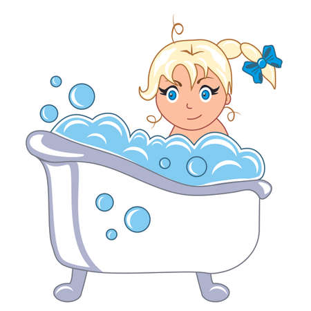 Illustration of a children's bathroom, water procedures, a child is washed in a bathtub, a lot of foam, a happy girl takes a bath, a lot of bubbles of foam. Flat style vector illustration isolated onのイラスト素材