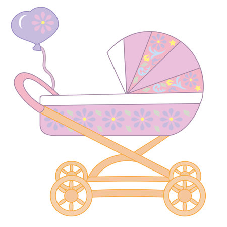 Baby pink stroller, vector drawing of a vehicle for a child, illustration of a stroller with flowers, green leaves, baby toy, strollerのイラスト素材