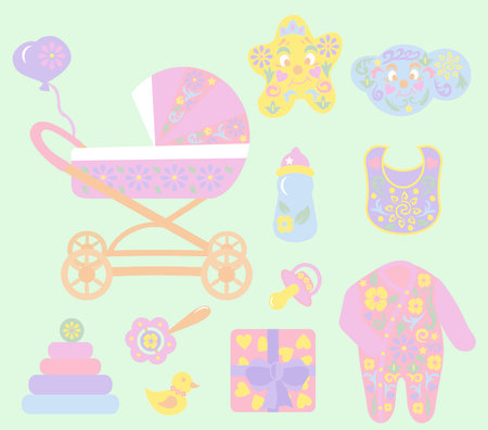 A set of children's objects for stickers. Cute illustrations of baby products. A poster with beautiful items for toddlers. Simple drawing style in pastel colors. Pictures for parents.のイラスト素材