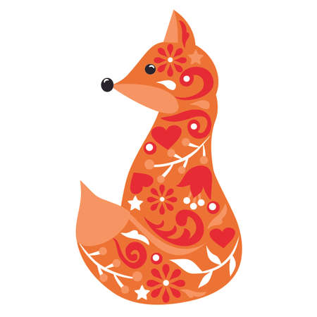 Fox illustration in Scandinavian style. Animal with a pattern. Children's sticker in the room. Cardboard design style. Vector foxes for children. Beast with flowers. Tattoo cuteのイラスト素材