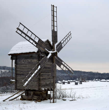 Winter landscape with the windmillの写真素材