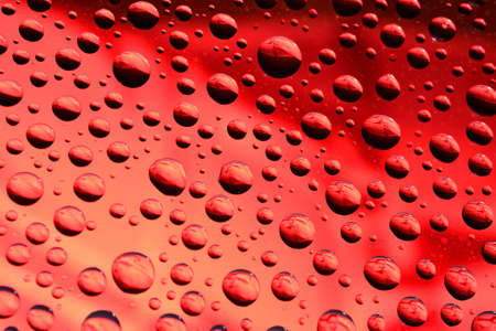 Macro of water drops on red background. Selective focus.の写真素材