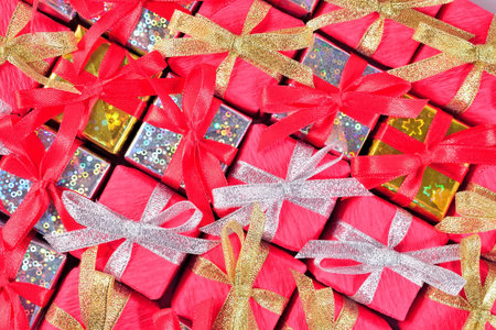 Top view of colorful gifts as background