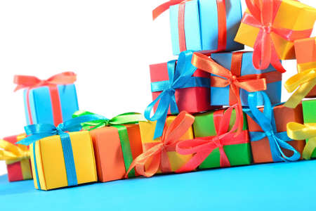 Colorful gifts close-up on a white backgroundの写真素材
