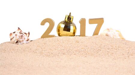 2017 year golden figures with seashells on a white backgroundの写真素材