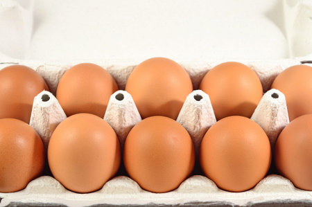 Carton of fresh brown eggs close-up