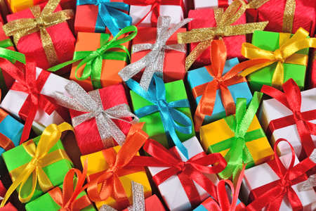 Top view of colorful gifts as backgroundの写真素材