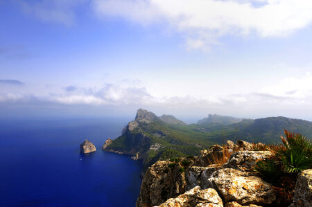 Vista del Cabo de Formentor in Mallorca in a d? A cloudyの写真素材