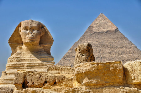 One of famous wonders in the world: Sphinx against of Giza pyramid in Egypt.