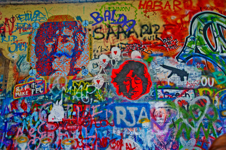 John lennon wall in Prague is located in the Velkoprevorske Namesti square near the French embassy in MalÃ¡ Stranaのeditorial素材