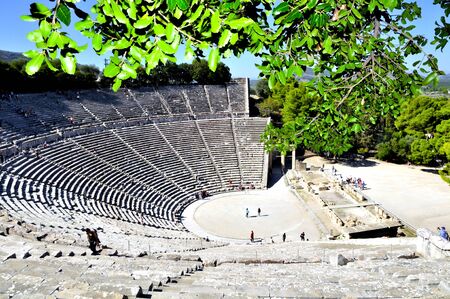 Peloponnese, greece - october1, 2016 view of the amphitheater of the ruins of argolida in the peloponnese regionのeditorial素材