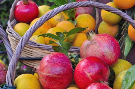 Pomegranates and fresh oranges in a basketの写真素材