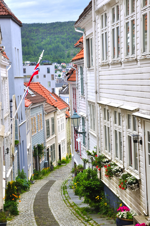 White houses of wood in the old town of bergen Norwegianの写真素材
