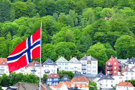 Housings between the trees in bergen Norwegianの写真素材