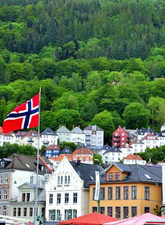 Housings between the trees in bergen Norwegianの写真素材