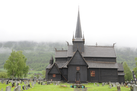 Borgund wooden church located in Norway were very common in northern Europeの写真素材