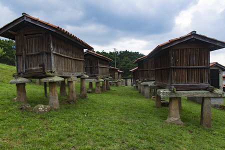 Galician hÃ³rreo construction of agricultural use destined to dry, cure and store corn and other cereals very typical in Galicia Spainの写真素材