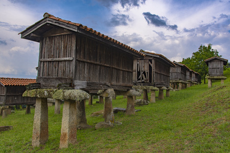 Galician hÃ³rreo construction of agricultural use destined to dry, cure and store corn and other cereals very typical in Galicia Spainの写真素材