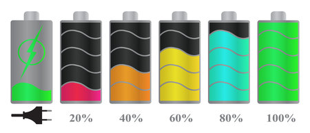 A discharged and fully charged battery (phone, tablet, smartphone). Stages of charging the accumulator battery.  Isolated on white background.のイラスト素材