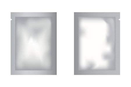 3d photorealistic set of sachet bags. Two full silver sachets for design.のイラスト素材