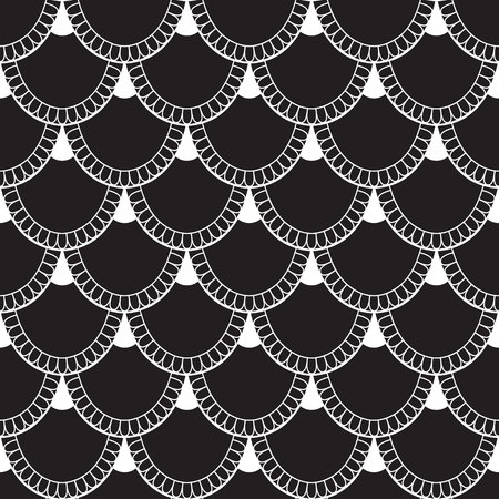 Seamless pattern of fish scales. White universal fish and mermaid scales on black background. Beautiful background for your designのイラスト素材