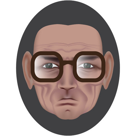 The face of an old man with deep wrinkles and a dimple on a bully. Frowning expression. Wise old man in dark brown glasses. Made by gradient meshのイラスト素材
