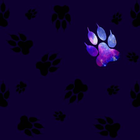 Seamless pattern with black paws on a dark blue background. Paw with a space pattern.のイラスト素材