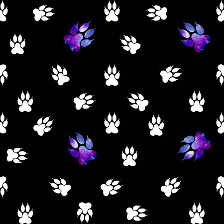 Seamless pattern with white paws on a black background. Paw with a space pattern.のイラスト素材