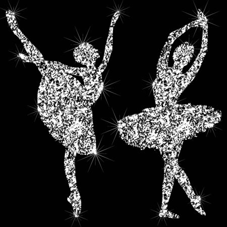 A set of shiny sparkling ballerin icons. Silhouettes of jewelry dancing ballerinas. Brilliant icon. The effect of a diamond. Transparent silvery jeweler icon.のイラスト素材