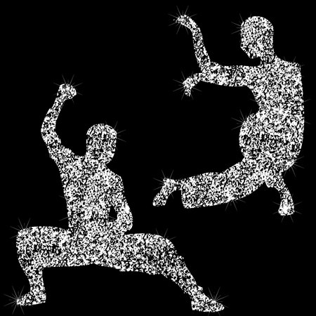 A set of shiny sparkling tai-chi icons. Silhouettes of jewelry tai-chi poses. Brilliant icon. The effect of a diamond. Transparent silvery tai-chi jeweler icon. Sparkling icon.のイラスト素材
