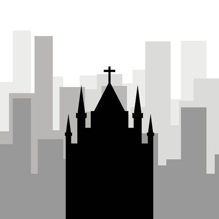 Religion in the city. Black icon of the Catholic church against the background of city skyscrapersのイラスト素材