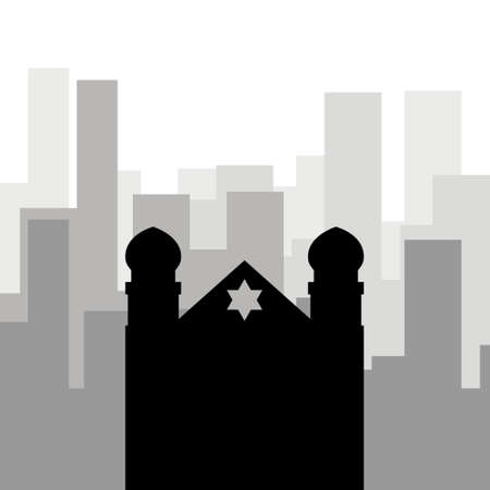 Religion in the city. Black icon of the synagogue against the background of city skyscrapersのイラスト素材