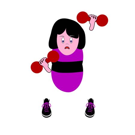 A tensed cartoon girl in a corset belt holding dumbbells.のイラスト素材