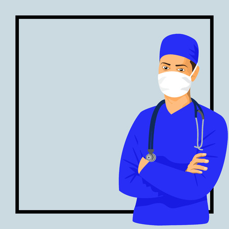 A cheerful surgeon standing with arms crossed in a medical uniform and a mask on his face. Happy smiling surgeon with stethoscope on neck.のイラスト素材
