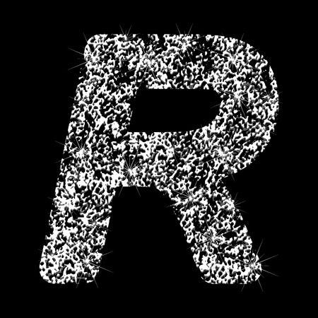 Silver glittering letter R. Vector shining silver sparkling letter on black background.のイラスト素材