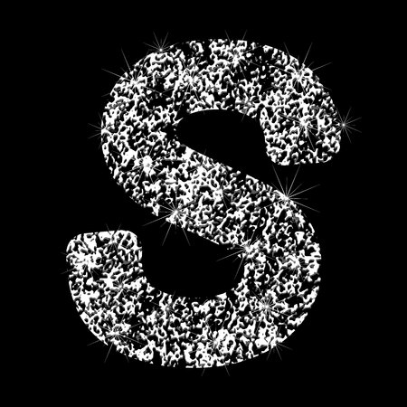 Silver glittering letter S. Vector shining silver sparkling letter on black background.のイラスト素材