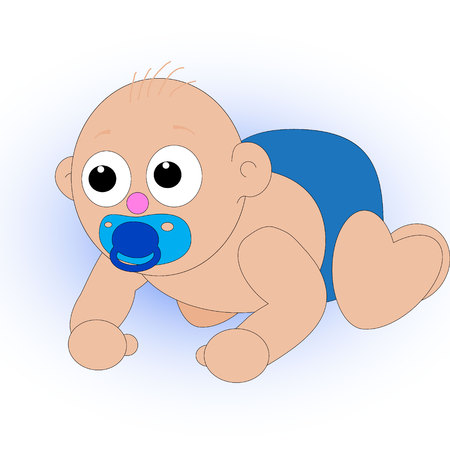 flat baby in a blue diaper and with a blue pacifier crawling on a soft blue backgroundのイラスト素材