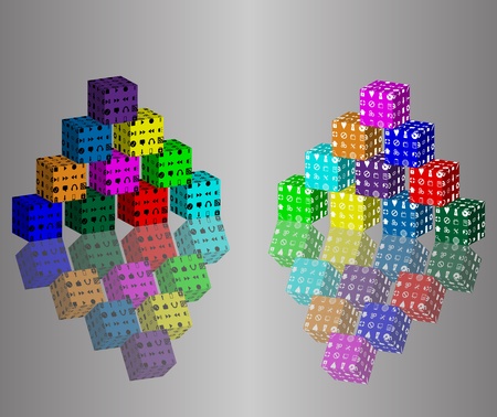 Cubic abstraction consisting of two pyramids of colored blocks and their reflections の写真素材
