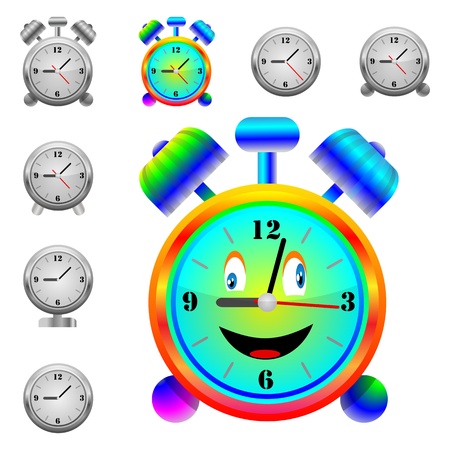 A small collection of modern alarm clocks and one hilarious alarm for various necessities のイラスト素材