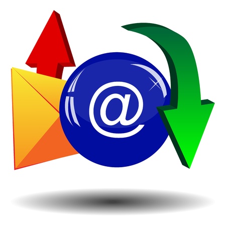 Yellow envelope and blue ball surrounded by red and green arrows on white background のイラスト素材