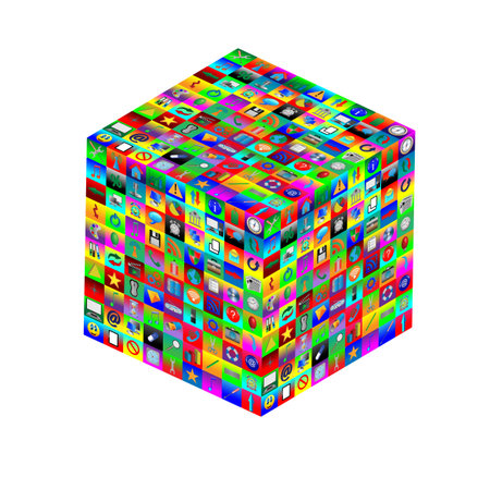 Abstract composition which shows a cube with different colored icons on the faces on a white...