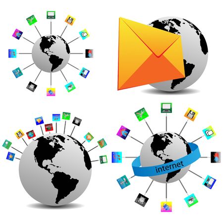 Abstraction which shows the model of the Earth and a few colored icons for web designers for various necessities のイラスト素材