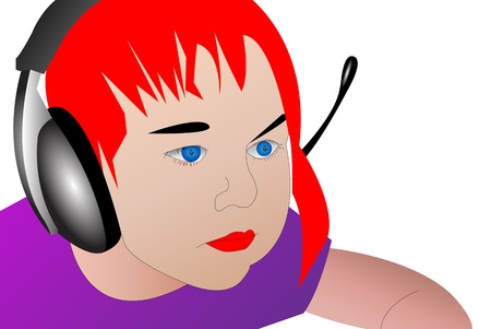 Drawing of a young girl with red hair in headphones with a microphone のイラスト素材