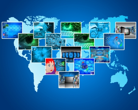Abstract composition depicting various images and a map of the Earthの写真素材